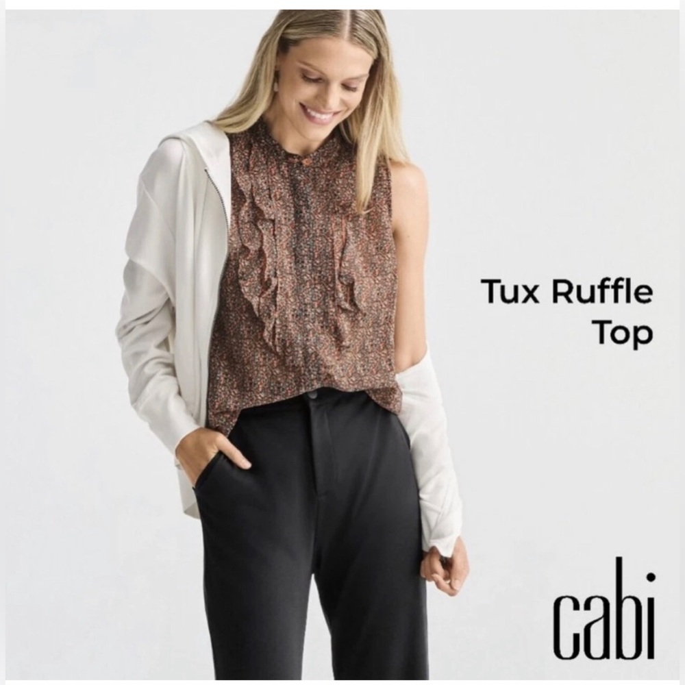 NWOT CAbi Brown Floral Ruffle Sleeveless Tux Top Size Small Turquoise orange
